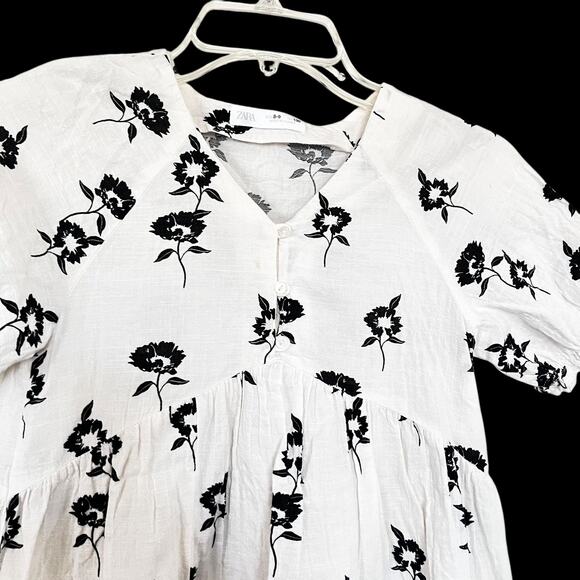 Zara Girls Ecru Black Flowers Short Sleeve Tiered Dress Size 8-9 - Picture 2 of 5